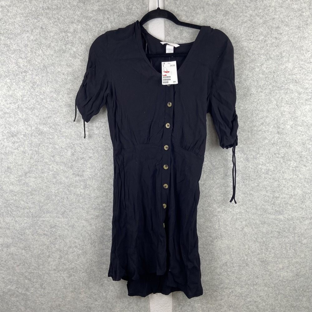 H&M Shirt Dress Womens 2 Black Button Front Puff Sleeve Short Summer Casual